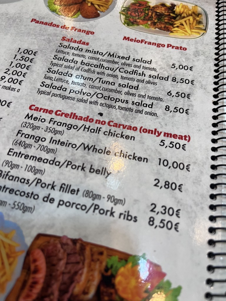 Menu with English descriptions in Lisbon, Portugal